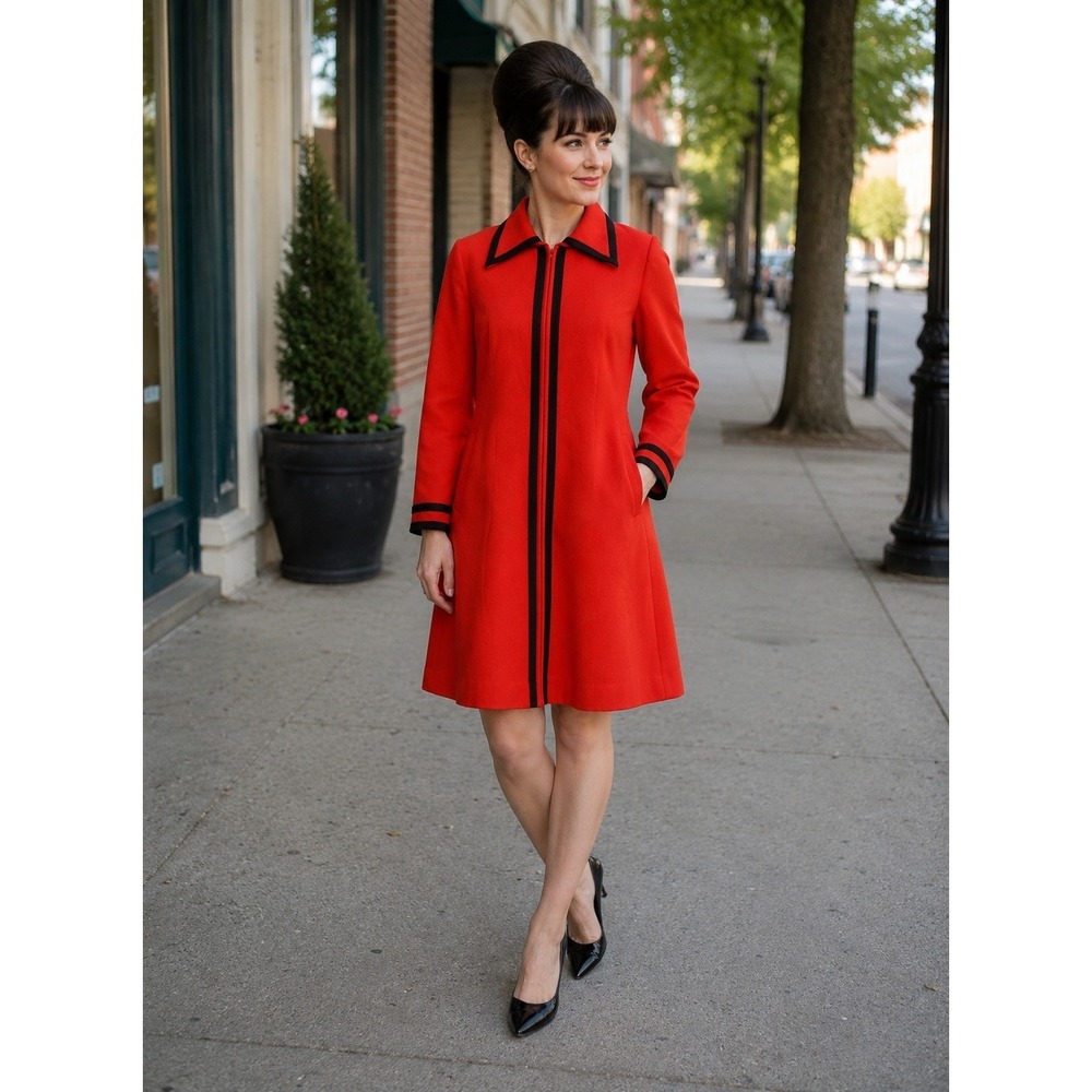 Vintage 1960s Gay Gibson Ruth Norman Red Wool Blend Coat Dress Mod A-Line USA